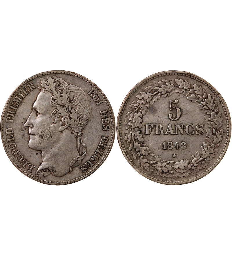 BELGIQUE, LEOPOLD Ier - 5 FRANCS ARGENT 1848