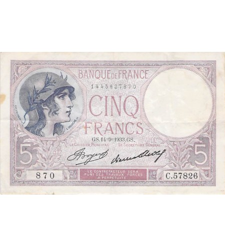 FRANCE - 5 FRANCS VIOLET 14/09/1933 - TTB