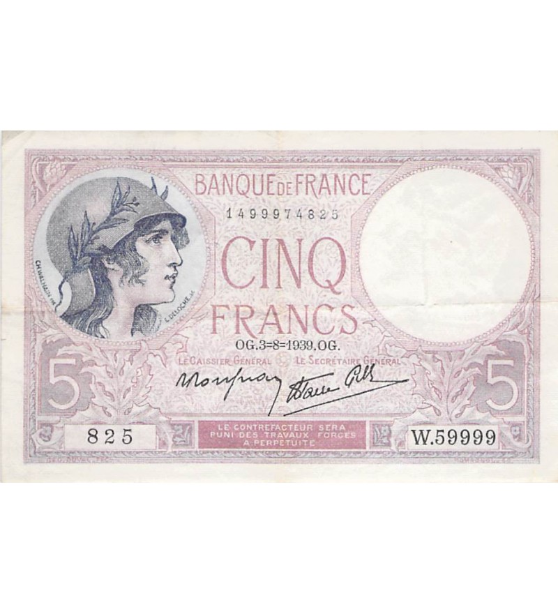 FRANCE - 5 FRANCS VIOLET 03/08/1939 - SÉRIE W.59999 - TTB