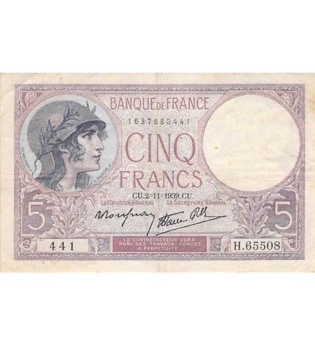 FRANCE - 5 FRANCS VIOLET 02/11/1939 - TB+