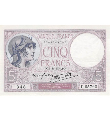 FRANCE - 5 FRANCS VIOLET 02/11/1939 - TTB+