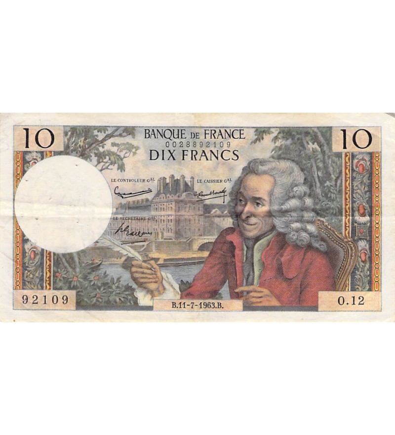 FRANCE, VOLTAIRE - 10 FRANCS 11/07/1963 - SÉRIE O.12 - TB+