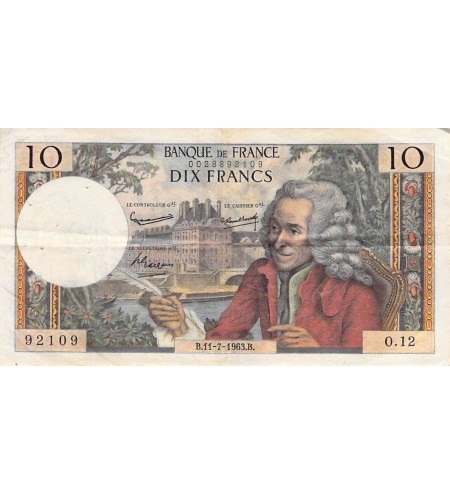FRANCE, VOLTAIRE - 10 FRANCS 11/07/1963 - SÉRIE O.12 - TB+