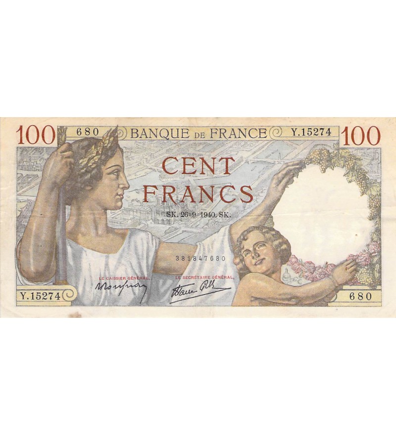 FRANCE, SULLY - 100 FRANCS 26/09/1940 - SÉRIE Y.15574 - TTB