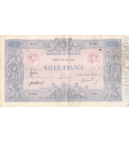 FRANCE - 1000 FRANCS BLEU ET ROSE 02/08/1912 - SERIE P.793 - TB