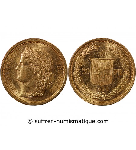 SUISSE, CONFEDERATION HELVETIQUE - 20 FRANCS OR 1886 B