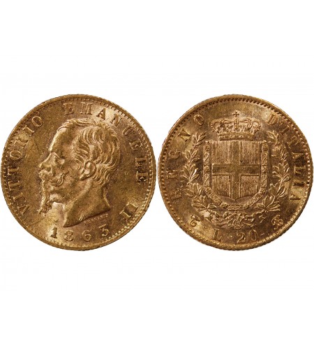 ITALIE, VICTOR EMMANUEL II - 20 LIRE OR 1863 TURIN﻿