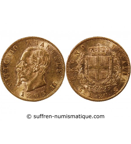ITALIE, VICTOR EMMANUEL II - 20 LIRE OR 1863 TURIN﻿