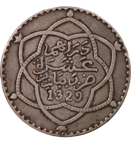MAROC, ABDDELHAFID - 10 DIRHAMS ARGENT 1329 (1911)
