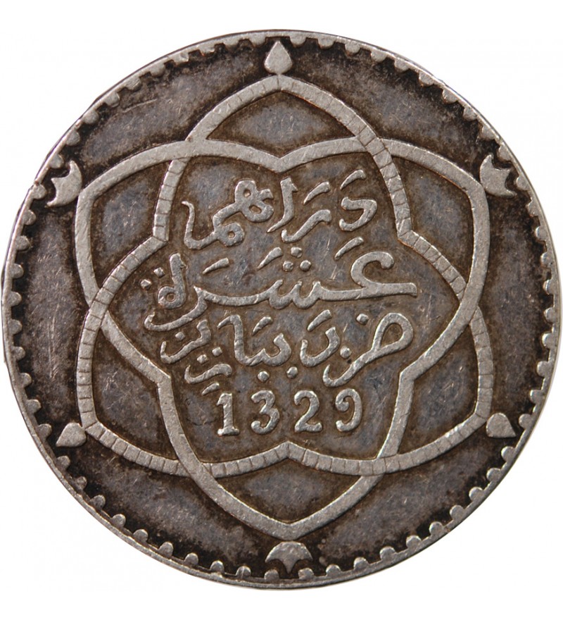 MAROC, ABDDELHAFID - 10 DIRHAMS ARGENT 1329 (1911)