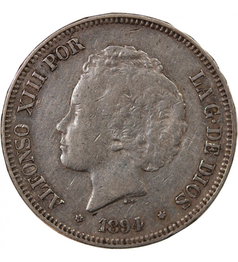 ESPAGNE, ALPHONSE XIII - 5 PESETAS ARGENT 1894 PGV