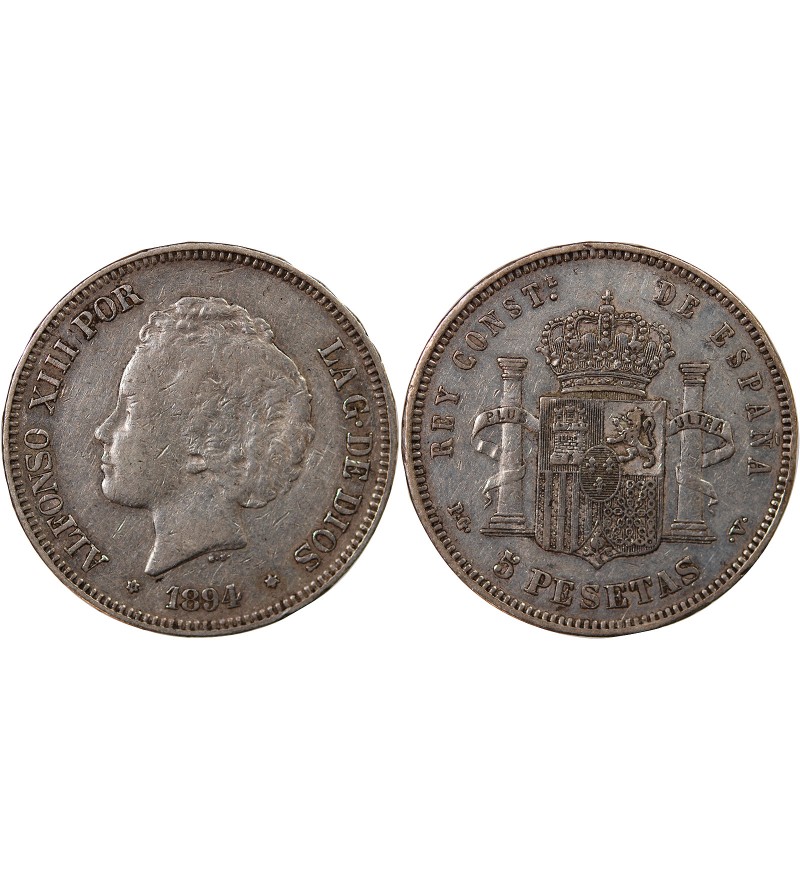 ESPAGNE, ALPHONSE XIII - 5 PESETAS ARGENT 1894 PGV