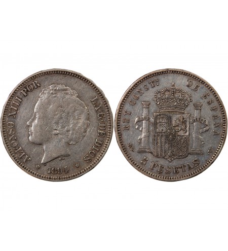 ESPAGNE, ALPHONSE XIII - 5 PESETAS ARGENT 1894 PGV