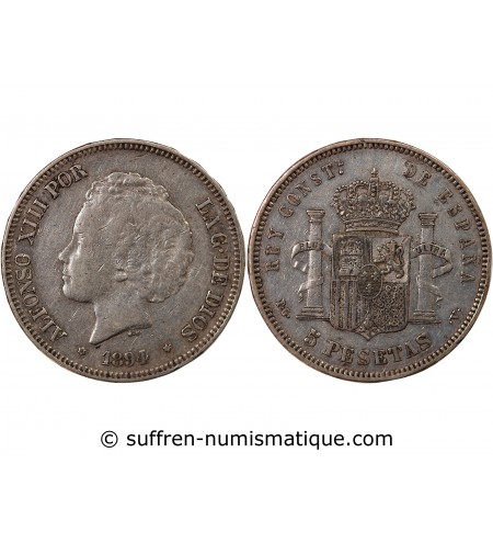 ESPAGNE, ALPHONSE XIII - 5 PESETAS ARGENT 1894 PGV