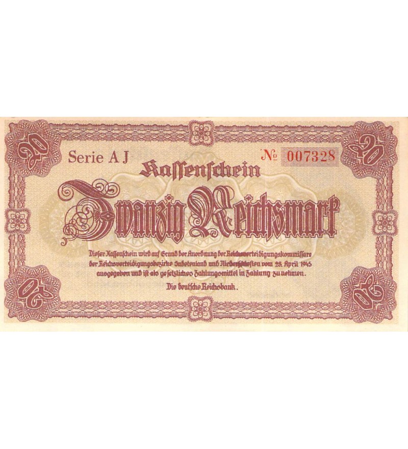 ALLEMAGNE, SUDETES ET BASSE-SILESIE - 20 REICHSMARK 28/04/1945 - SPL