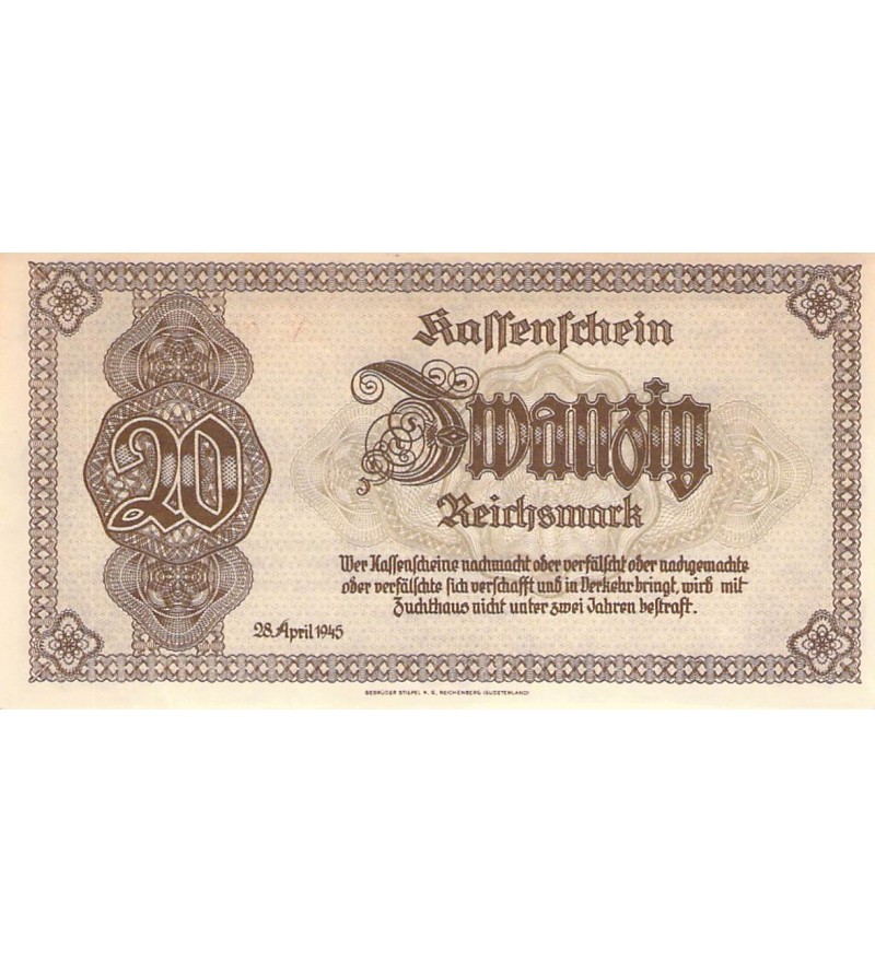 ALLEMAGNE, SUDETES ET BASSE-SILESIE - 20 REICHSMARK 28/04/1945 - SPL