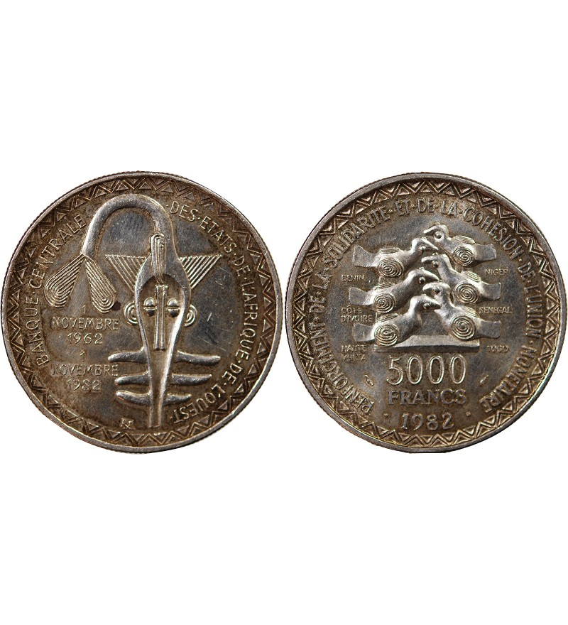 ETAT DE L'AFRIQUE DE L'OUEST, BCEAO - 5000 FRANCS ARGENT 1982