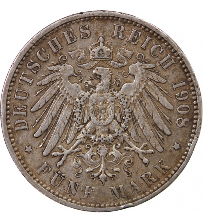 ALLEMAGNE, SAXE, FRIEDRICH AUGUST III - 5 MARK ARGENT 1908 E MULDENHÜTTEN