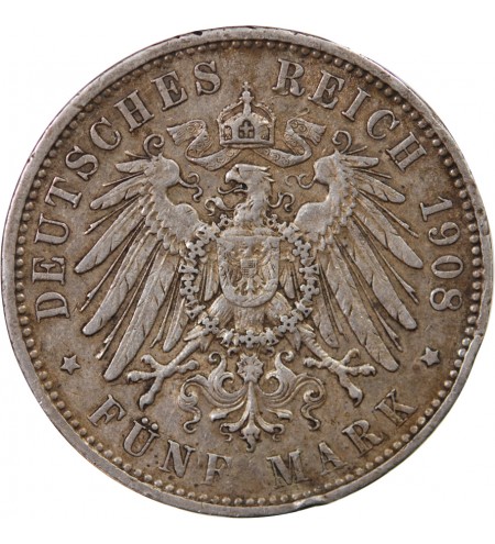 ALLEMAGNE, SAXE, FRIEDRICH AUGUST III - 5 MARK ARGENT 1908 E MULDENHÜTTEN