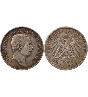 ALLEMAGNE, SAXE, FRIEDRICH AUGUST III - 5 MARK ARGENT 1908 E MULDENHÜTTEN 2