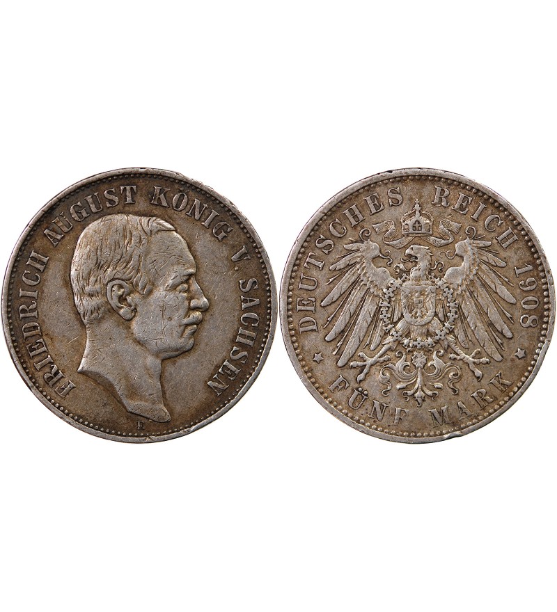 ALLEMAGNE, SAXE, FRIEDRICH AUGUST III - 5 MARK ARGENT 1908 E MULDENHÜTTEN