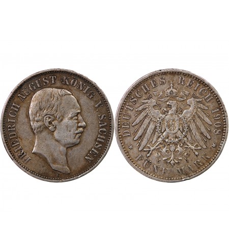 ALLEMAGNE, SAXE, FRIEDRICH AUGUST III - 5 MARK ARGENT 1908 E MULDENHÜTTEN