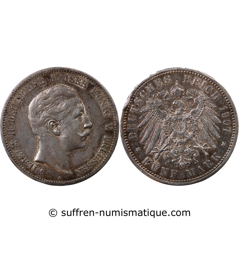 ALLEMAGNE, PRUSSE, GUILLAUME II - 5 MARK ARGENT 1907 A BERLIN
