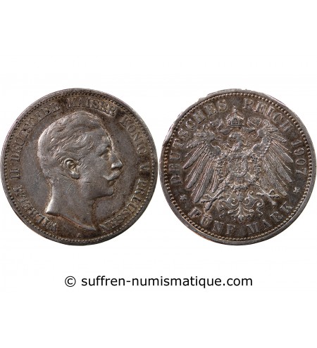 ALLEMAGNE, PRUSSE, GUILLAUME II - 5 MARK ARGENT 1907 A BERLIN