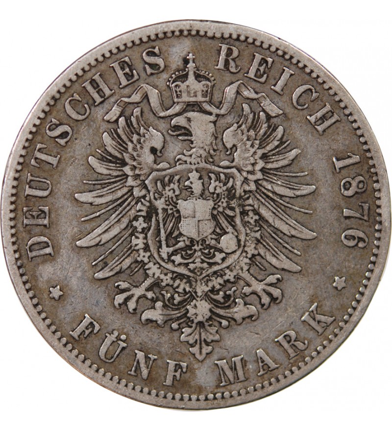ALLEMAGNE, PRUSSE, GUILLAUME Ier - 5 MARK ARGENT 1876 B HANOVRE