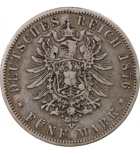 ALLEMAGNE, PRUSSE, GUILLAUME Ier - 5 MARK ARGENT 1876 B HANOVRE