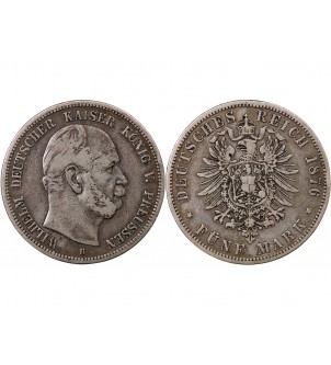 ALLEMAGNE, PRUSSE, GUILLAUME Ier - 5 MARK ARGENT 1876 B HANOVRE 2