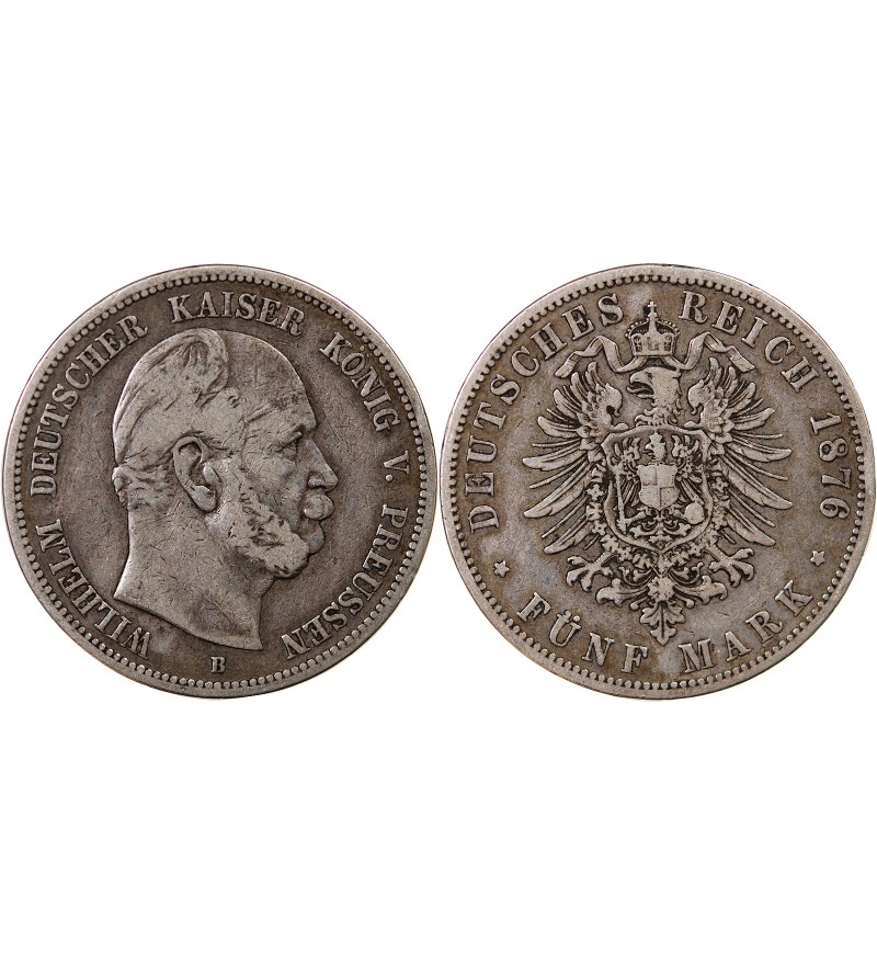 ALLEMAGNE, PRUSSE, GUILLAUME Ier - 5 MARK ARGENT 1876 B HANOVRE