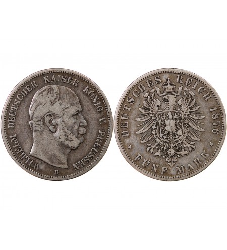 ALLEMAGNE, PRUSSE, GUILLAUME Ier - 5 MARK ARGENT 1876 B HANOVRE