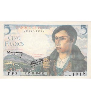 FRANCE - 5 FRANCS BERGER 22/11/1943 - SÉRIE R.82 - SUP+