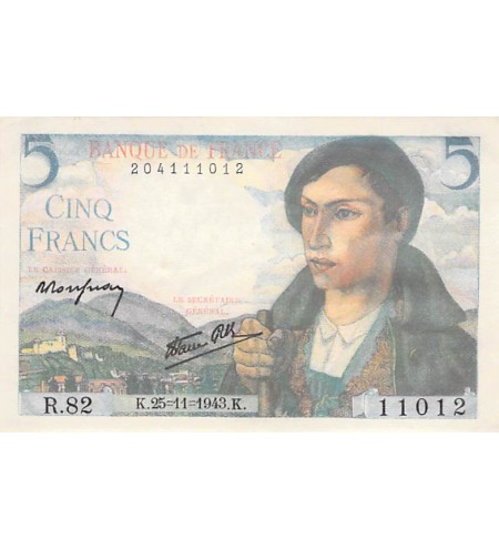 FRANCE - 5 FRANCS BERGER 22/11/1943 - SÉRIE R.82 - SUP+