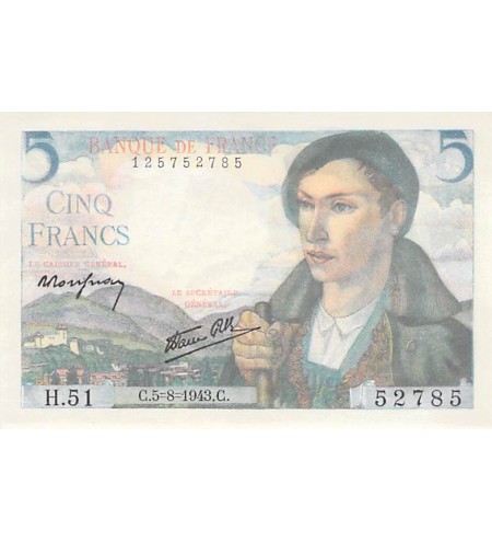 FRANCE - 5 FRANCS BERGER 05/08/1943 - SÉRIE H.51 - SPL