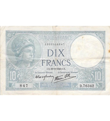 FRANCE - 10 FRANCS MINERVE 26/09/1940 - TB+