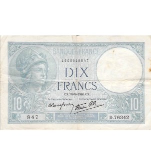 FRANCE - 10 FRANCS MINERVE 26/09/1940 - TB+ 2