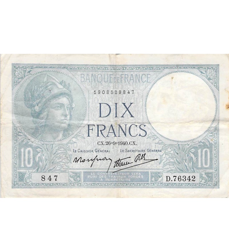 FRANCE - 10 FRANCS MINERVE 26/09/1940 - TB+