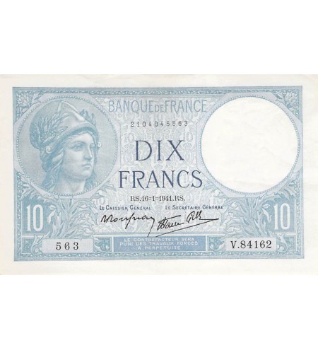 FRANCE - 10 FRANCS MINERVE 16/01/1941 - SUP