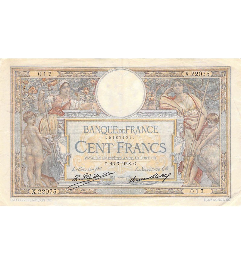 FRANCE, LUC-OLIVIER MERSON - 100 FRANCS 16/07/1928 - TB+