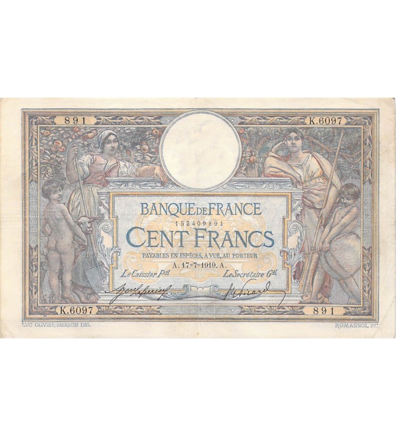 FRANCE, LUC-OLIVIER MERSON - 100 FRANCS 17/07/1919 - TTB