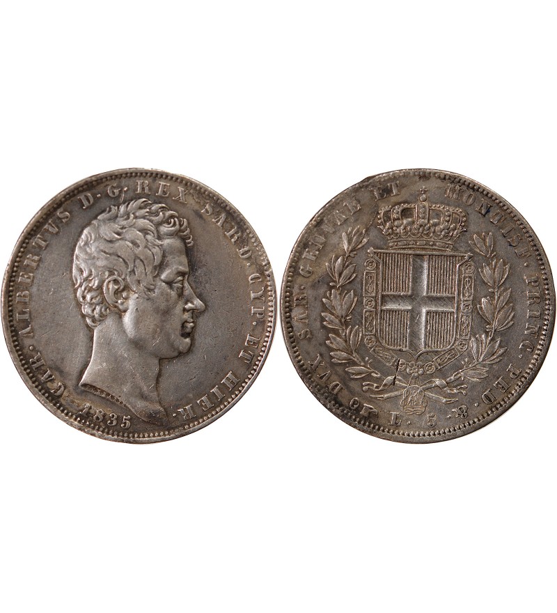 ITALIE, ROYAUME DE SARDAIGNE, CHARLES-ALBERT - 5 LIRE ARGENT 1835 P AIGLE TURIN