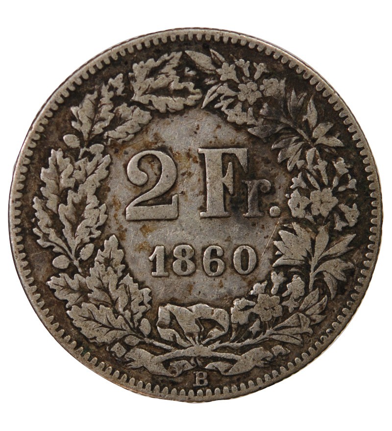 SUISSE, HELVETIA ASSISE - 2 FRANCS ARGENT 1860 B BERNE
