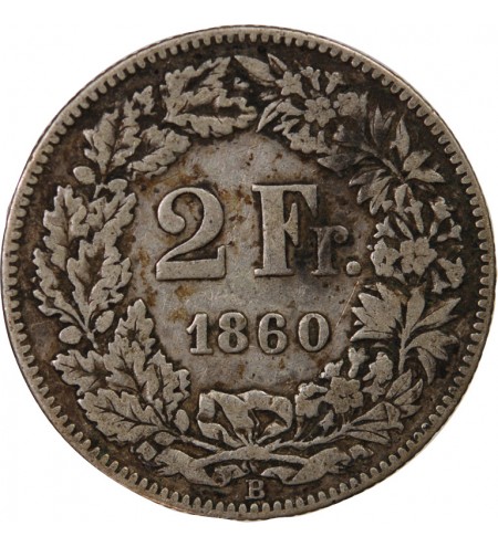 SUISSE, HELVETIA ASSISE - 2 FRANCS ARGENT 1860 B BERNE