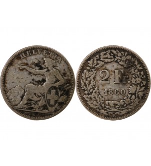 SUISSE, HELVETIA ASSISE - 2 FRANCS ARGENT 1860 B BERNE 2