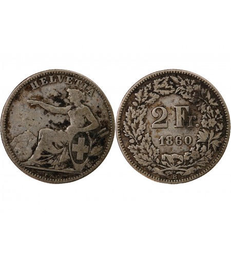 SUISSE, HELVETIA ASSISE - 2 FRANCS ARGENT 1860 B BERNE