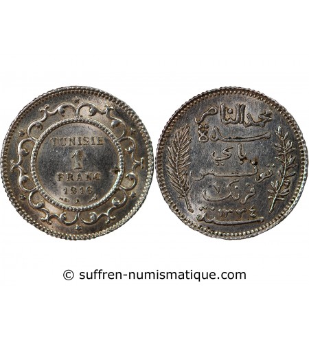 TUNISIE, MUHAMMAD AL-NASIR - 1 FRANC ARGENT 1916 A PARIS