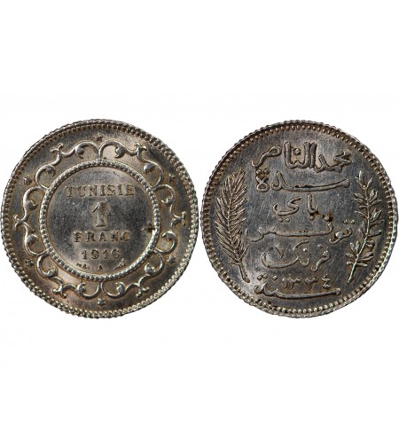 TUNISIE, MUHAMMAD AL-NASIR - 1 FRANC ARGENT 1916 A PARIS