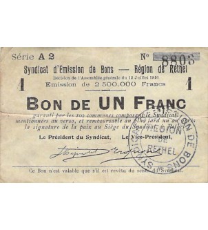 REGION DE RETHEL - BON DE 1 FRANC 12/07/1916